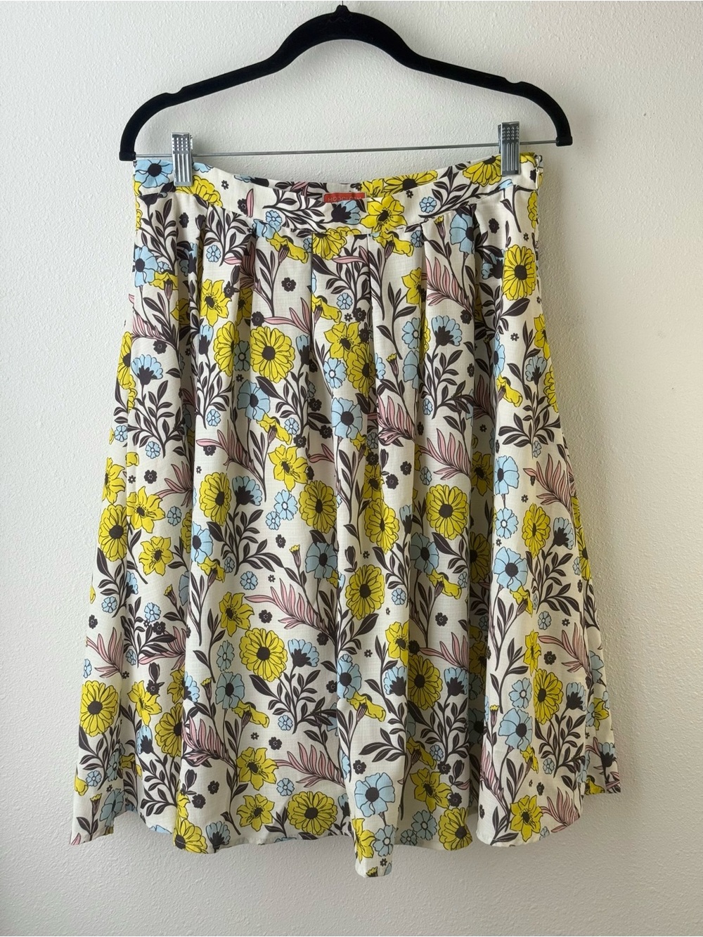 ModCloth Floral Pleated Skirt Linen Look Retro Large Yellow Pink Blue